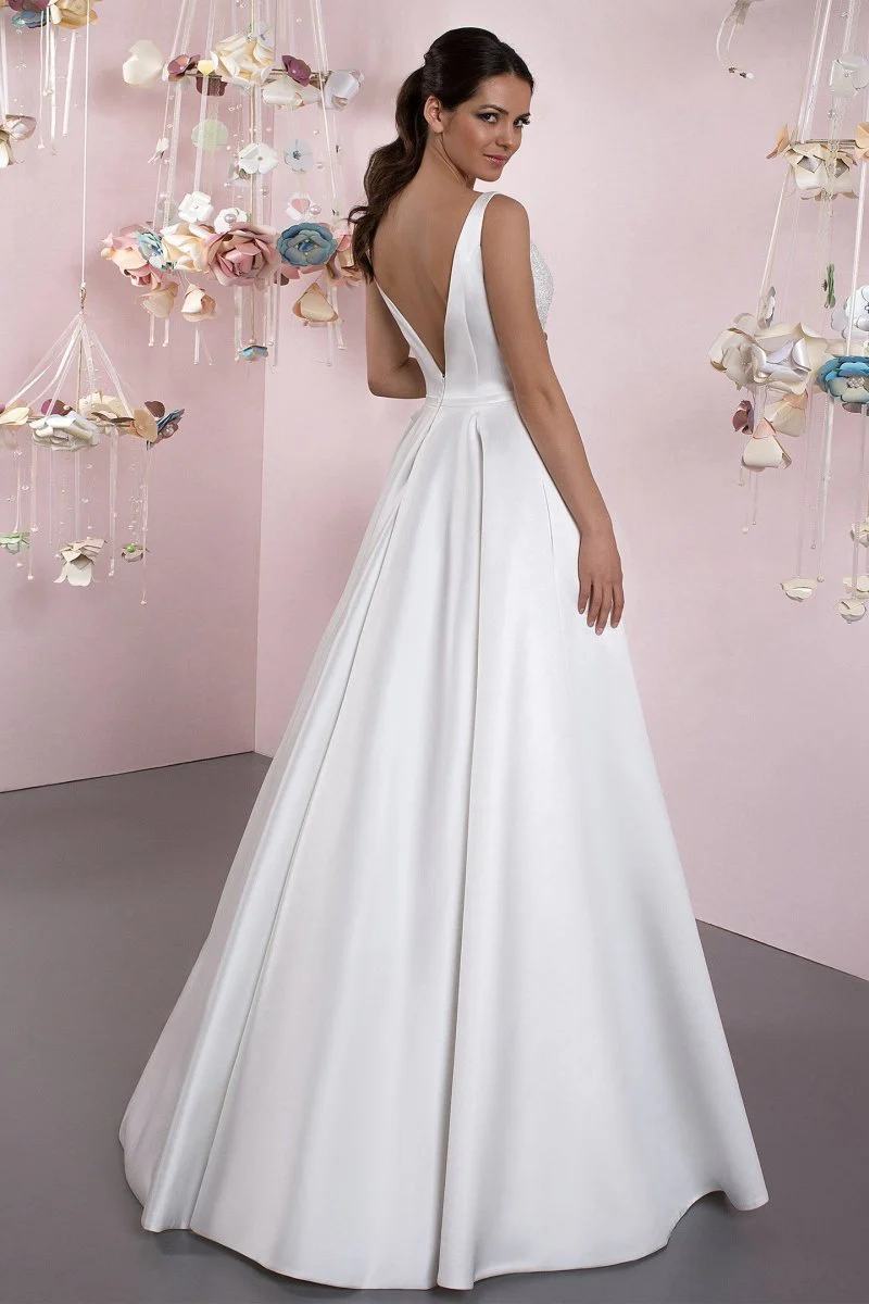 A-Line Illusion Neck Sleeveless Floor-Length Satin Wedding Dress With Pleats