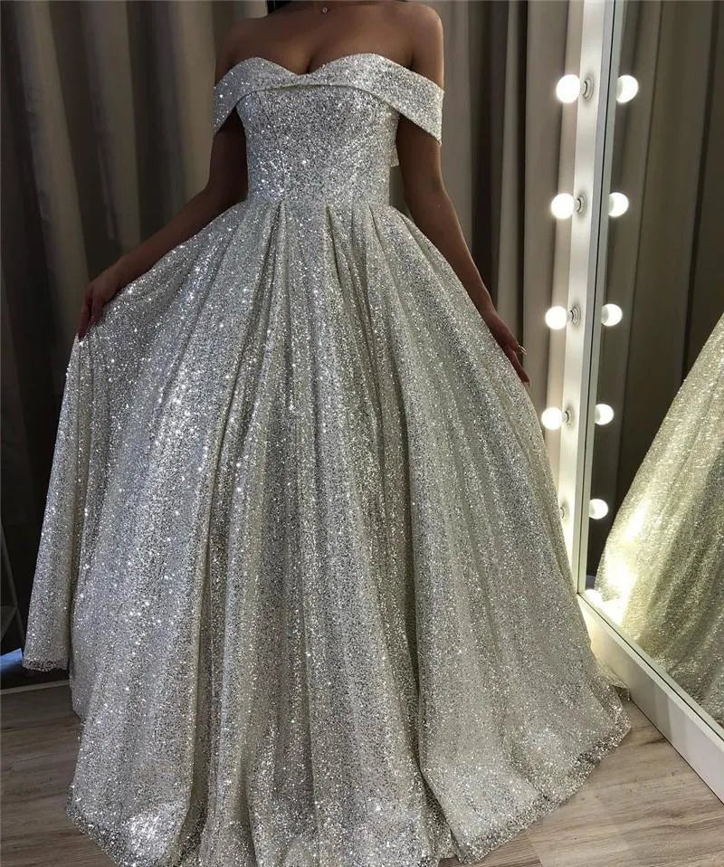 Shiny Silver Sequin A-Line Wedding Dresses Off the Shoulder