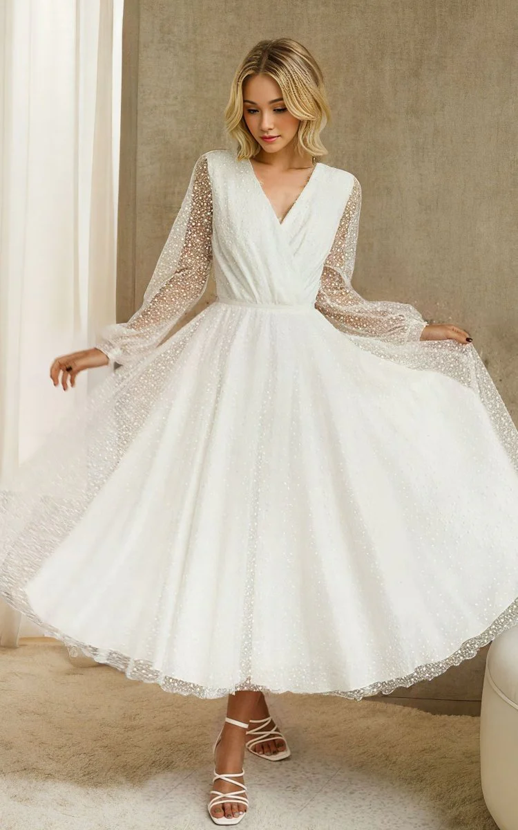 A-Line Tulle White Tea-Length Long Sleeve Wedding Dress
