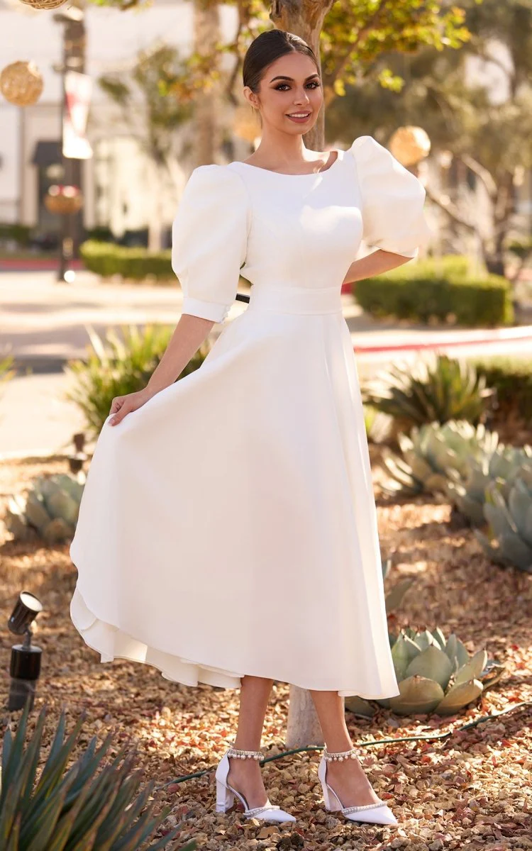 Elegant Bateau A Line Satin Knee-length Wedding Dress