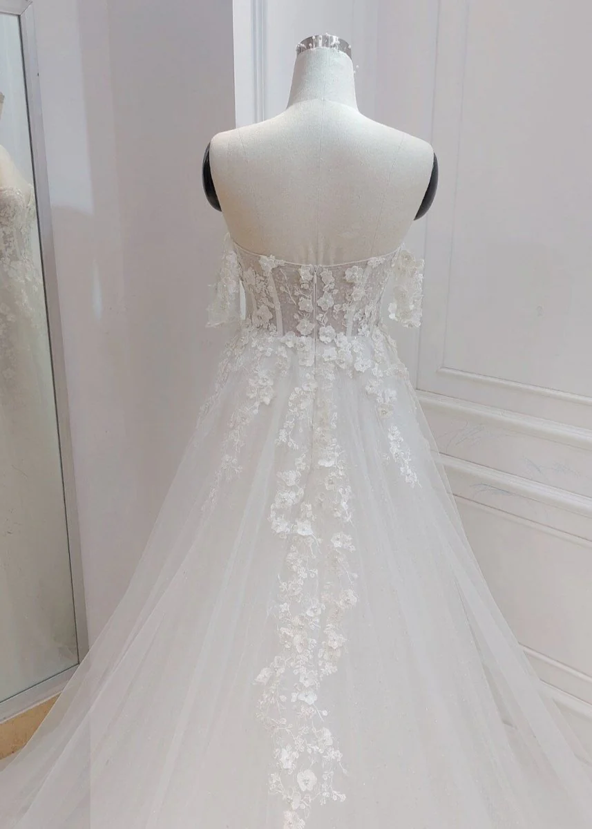 A-line White Off the Shoulder Wedding Dress With Flower Embroidery