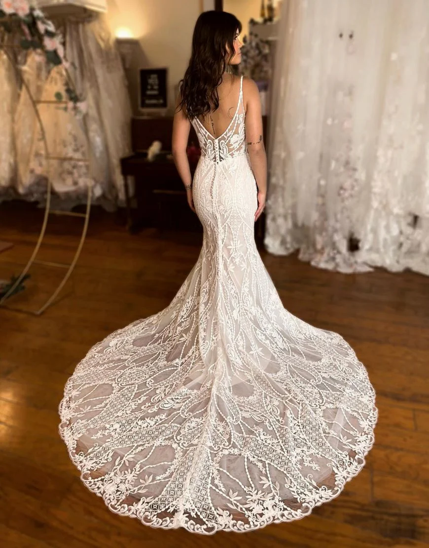 Paulina | Mermaid V-Neck Spaghetti Straps Sweep Train Lace Wedding Dress