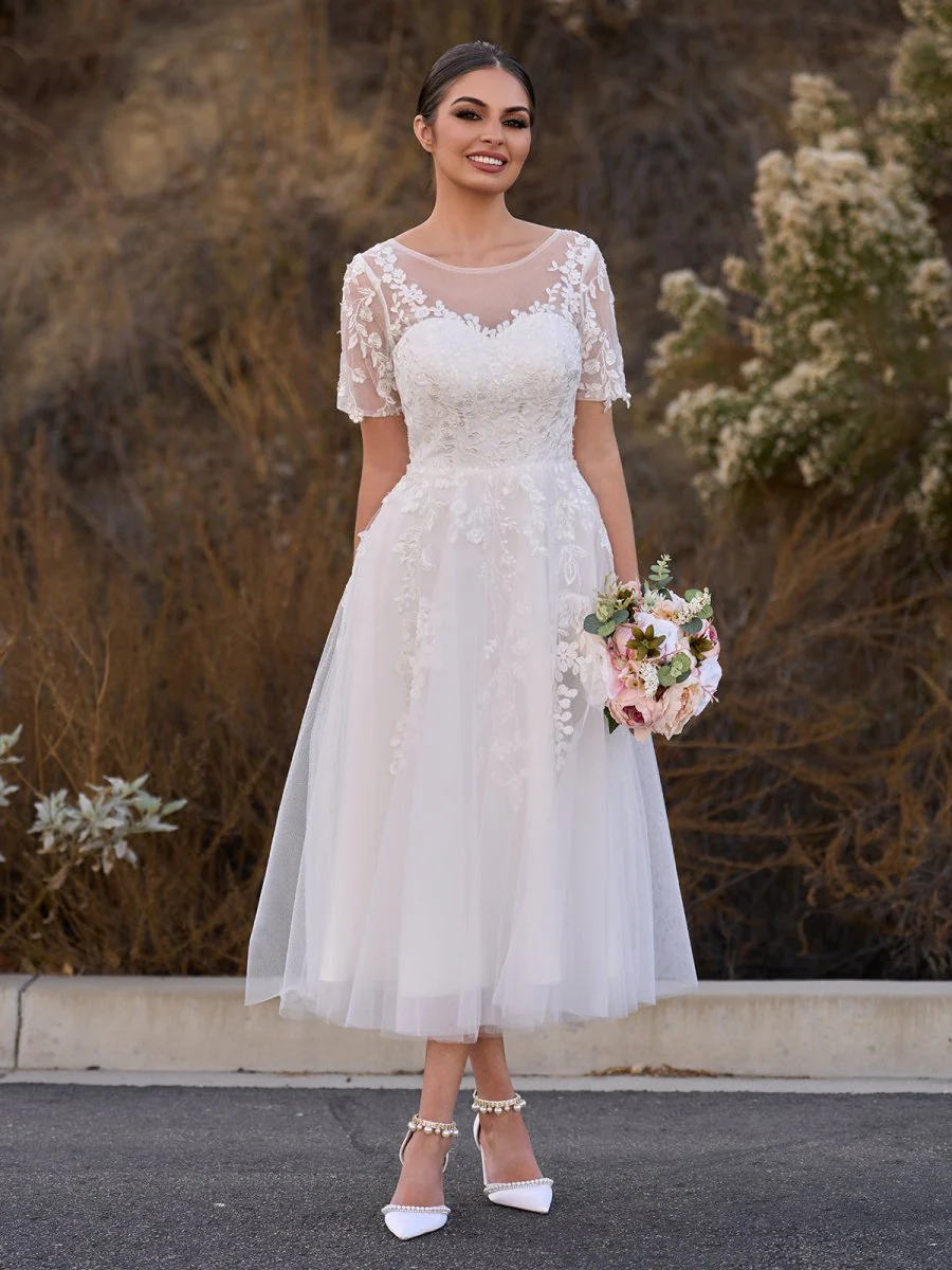 Jayline | Tea Length Sleeves Ethereal Modern A-Line V-Neck Button Back Wedding Dress