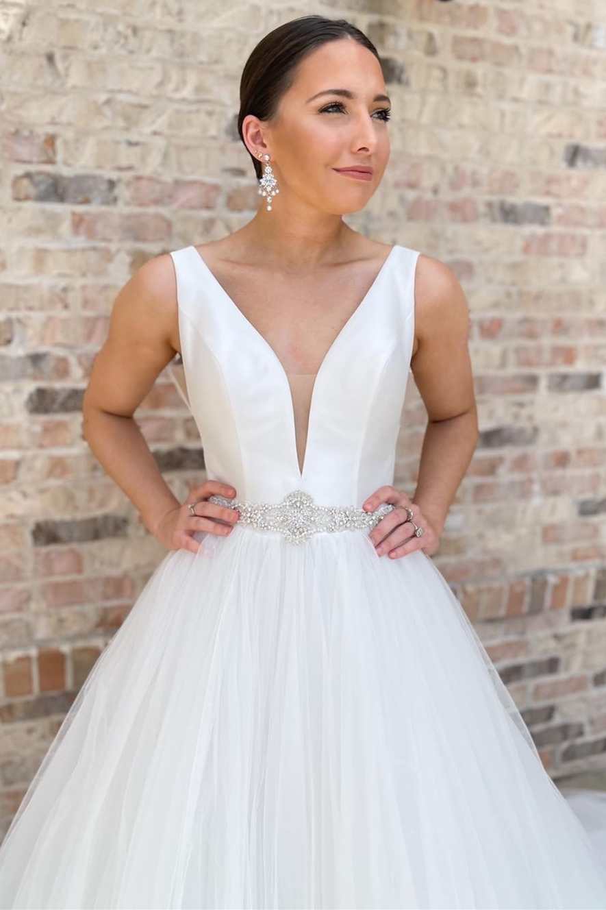 White V-Neck A-Line Long Wedding Dress with Sashes