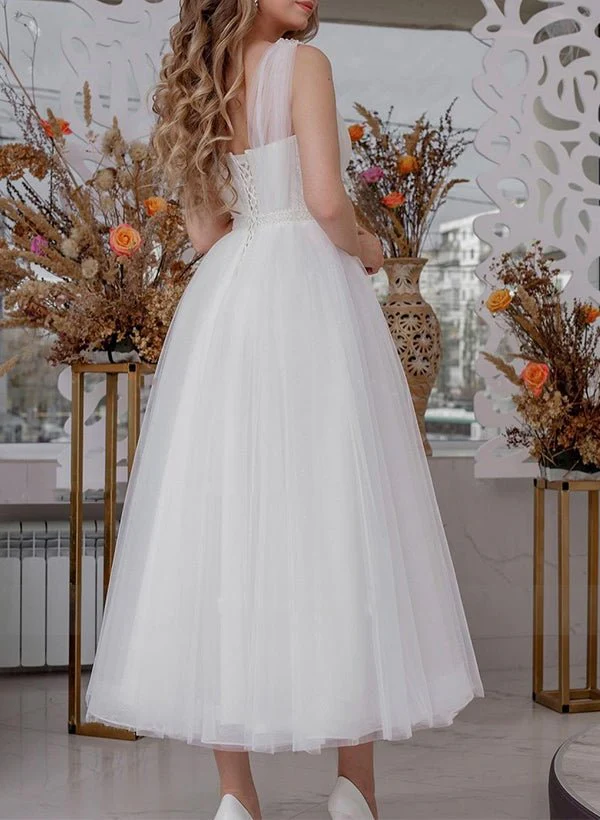 A-Line V-Neck Sleeveless Ankle-Length Tulle Wedding Dresses With Sequins