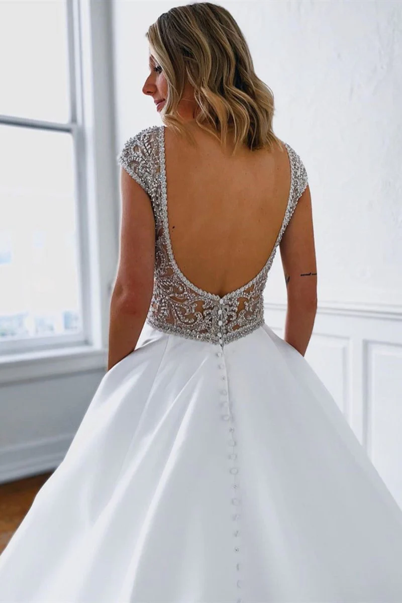 Marleigh | A-Line V-Neck Long White Wedding Dress with Silver Beads