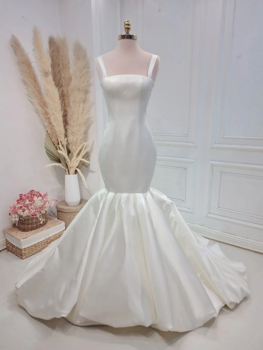 Mermaid Simple Satin White Wedding Dress Sweep Train Bridal Gown