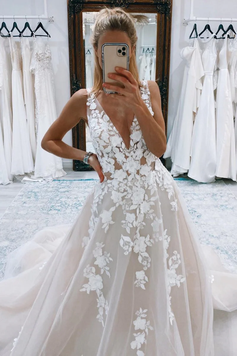 Promise | Ivory A-Line Ivory V-Neck Long Tulle Wedding Dress with Appliques
