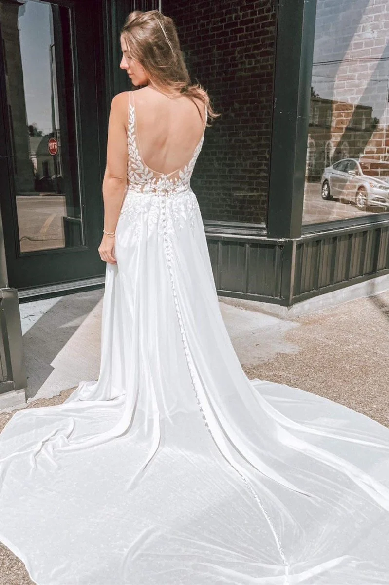 White Appliques Plunge V Open Back Long Wedding Dress