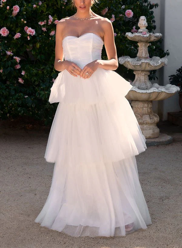 Elegant A-Line Sweetheart Sleeveless Floor-Length Tulle Wedding Dresses