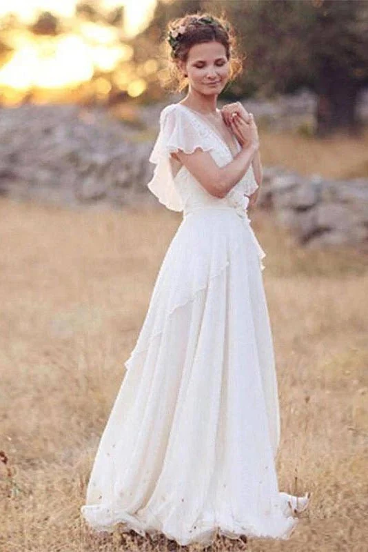 A-Line Sheer Cap Sleeve  Deep V Neck Backless Flower Beading Pleats Chiffon Wedding Dress