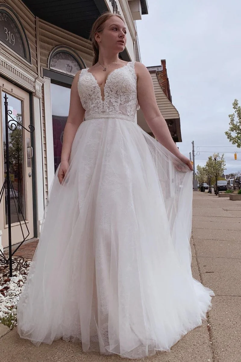 Louisa | A-Line Tulle White Long Wedding Dress with Beading