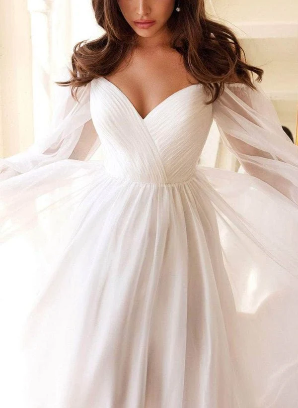 A-Line Off-the-Shoulder Long Sleeves Chiffon Floor-Length Wedding Dress