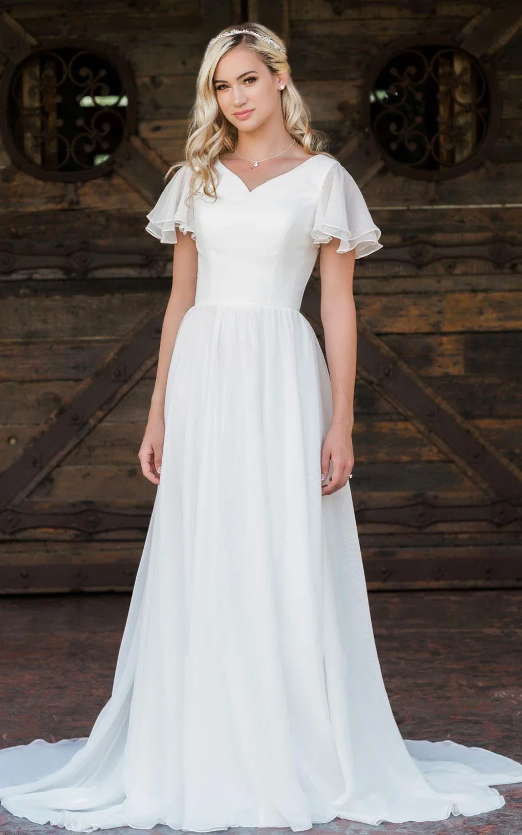 Liora | A Line V-neck Chiffon Floor-length Brush Train Short Sleeve Wedding Dress with Ruffles