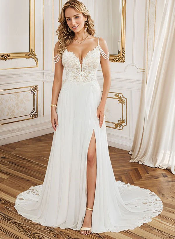 A-Line V-Neck Sweep Train Wedding Dress With Lace Split Front