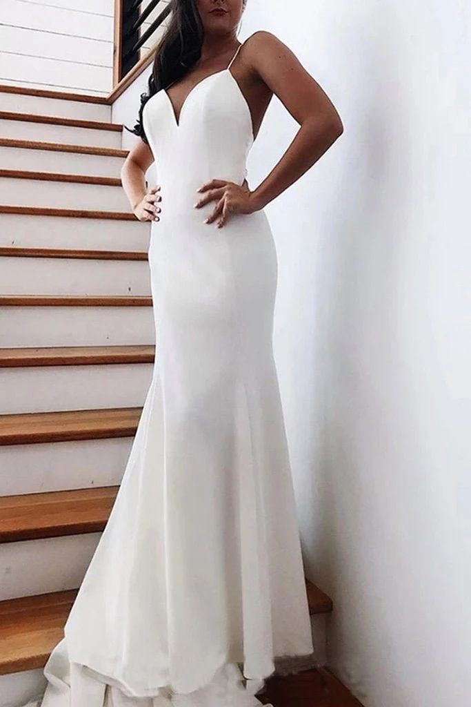 Mermaid Spaghetti Straps Backless V Neck Mermaid Wedding Dresses