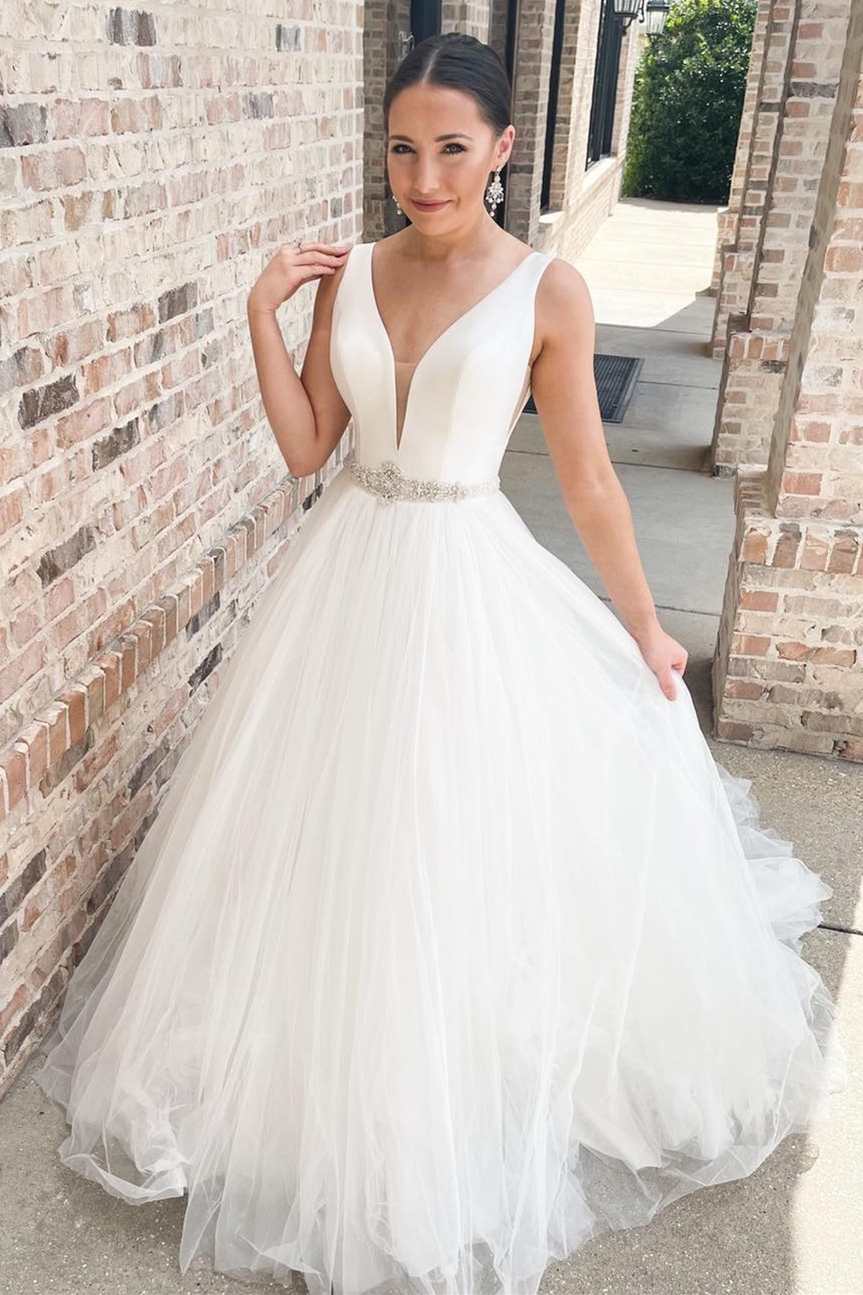 White V-Neck A-Line Long Wedding Dress with Sashes