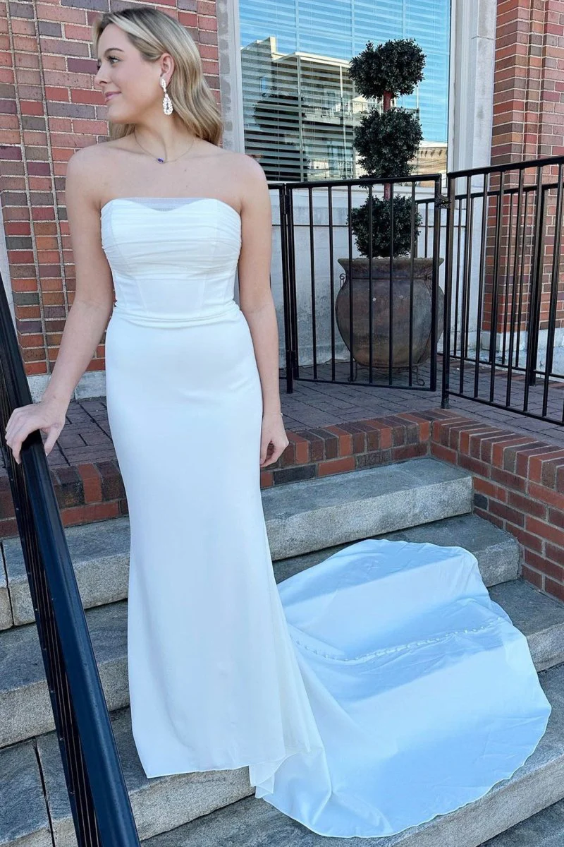 White Satin Strapless Mermaid Long Wedding Dress