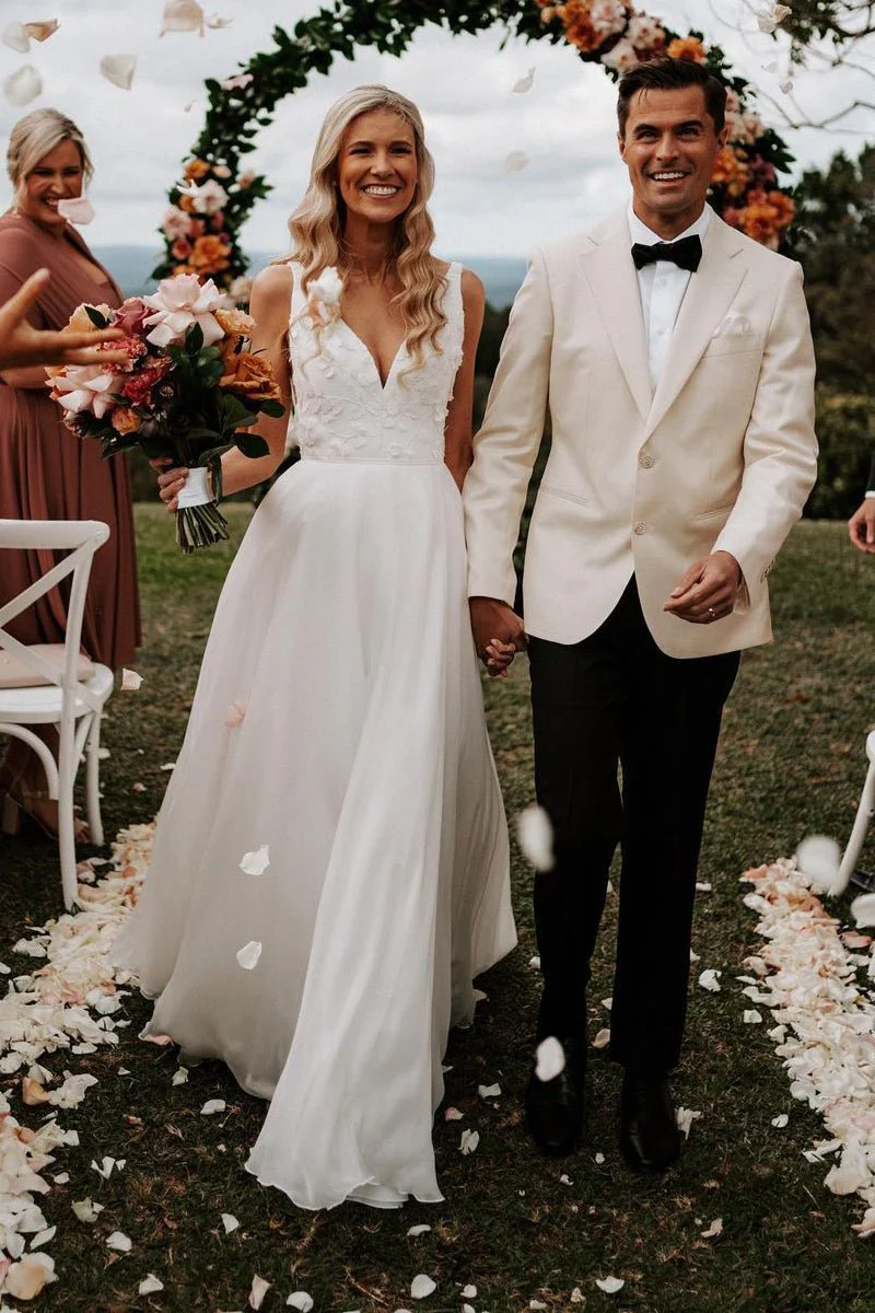 Zuri | Elegant  A-Line V Neck White Chiffon Wedding Dress with Appliques