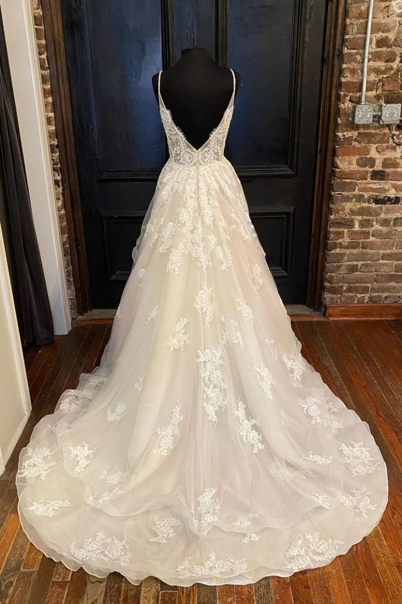 Halle | A-Line Straps Ivory Long Wedding Dress with Appliques