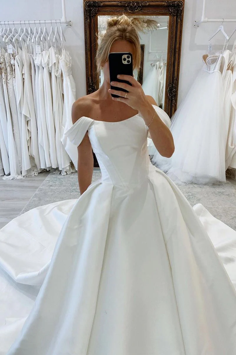 Elly | Elegant A-Line Off the Shoulder White Satin Wedding Dresses