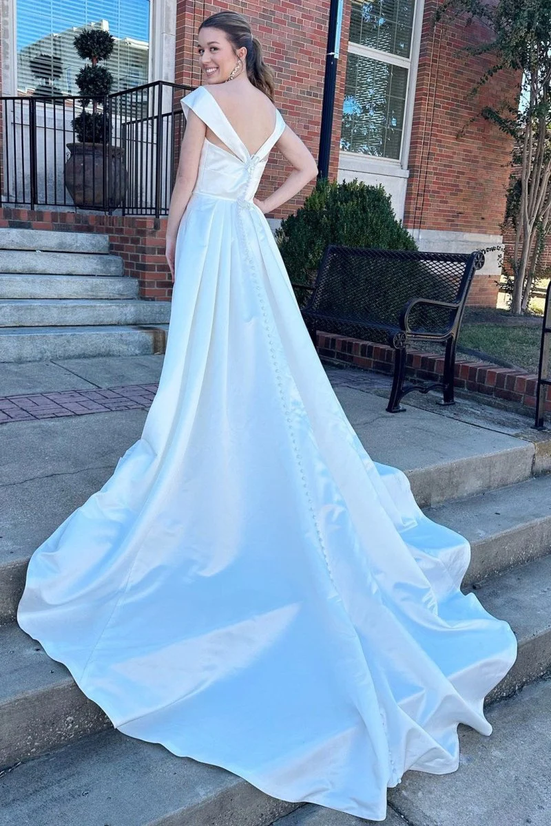 White V-Neck High-Waist A-Line Long Wedding Dress