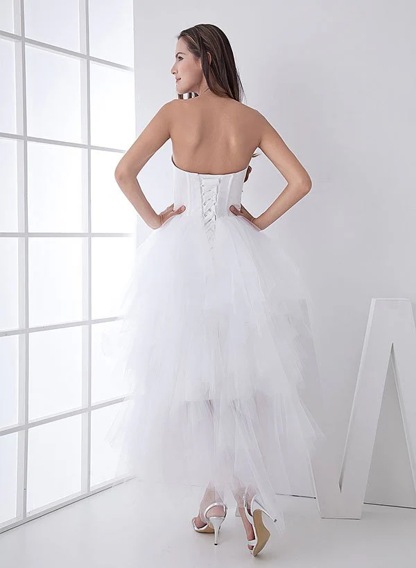 White Classic Strapless Satin High Low Wedding Dress
