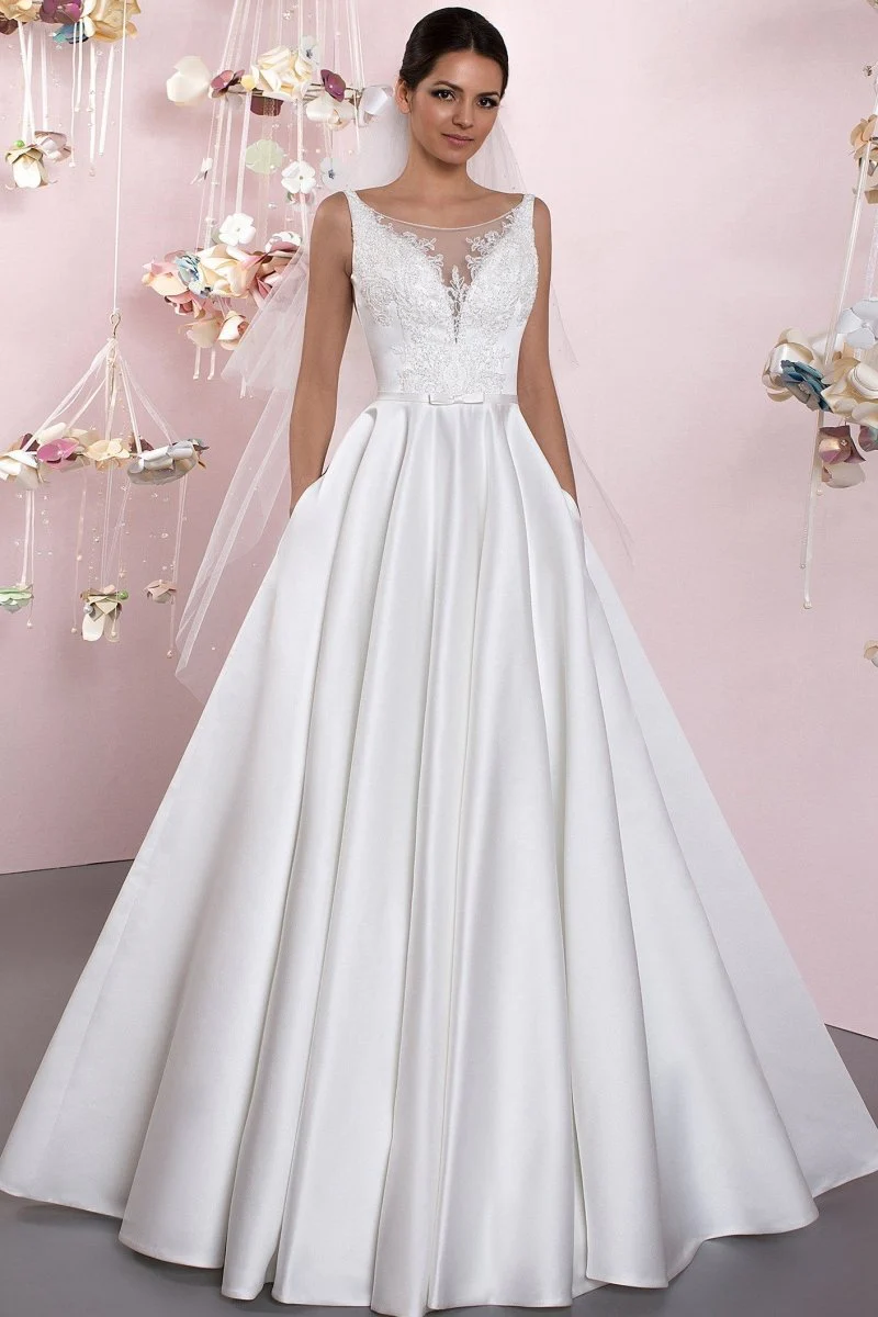 A-Line Illusion Neck Sleeveless Floor-Length Satin Wedding Dress With Pleats