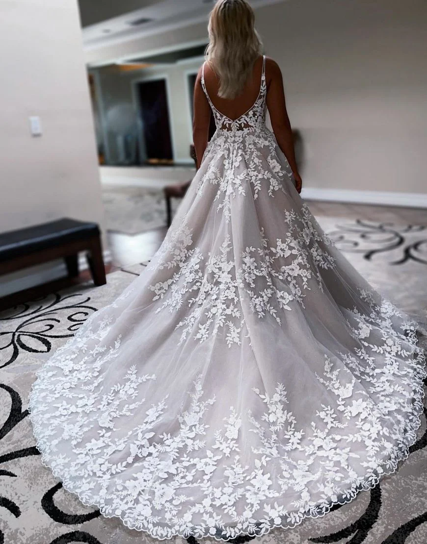Aspyn | A-Line Sweep Train Deep V-Neck Wedding Dress With Appliques