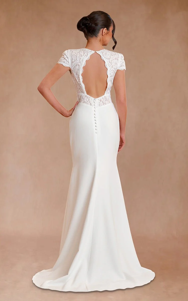 Modest Simple Sheath Short Sleeve Empire Floor-Length Sweep Train Chiffon V-neck Wedding Dress