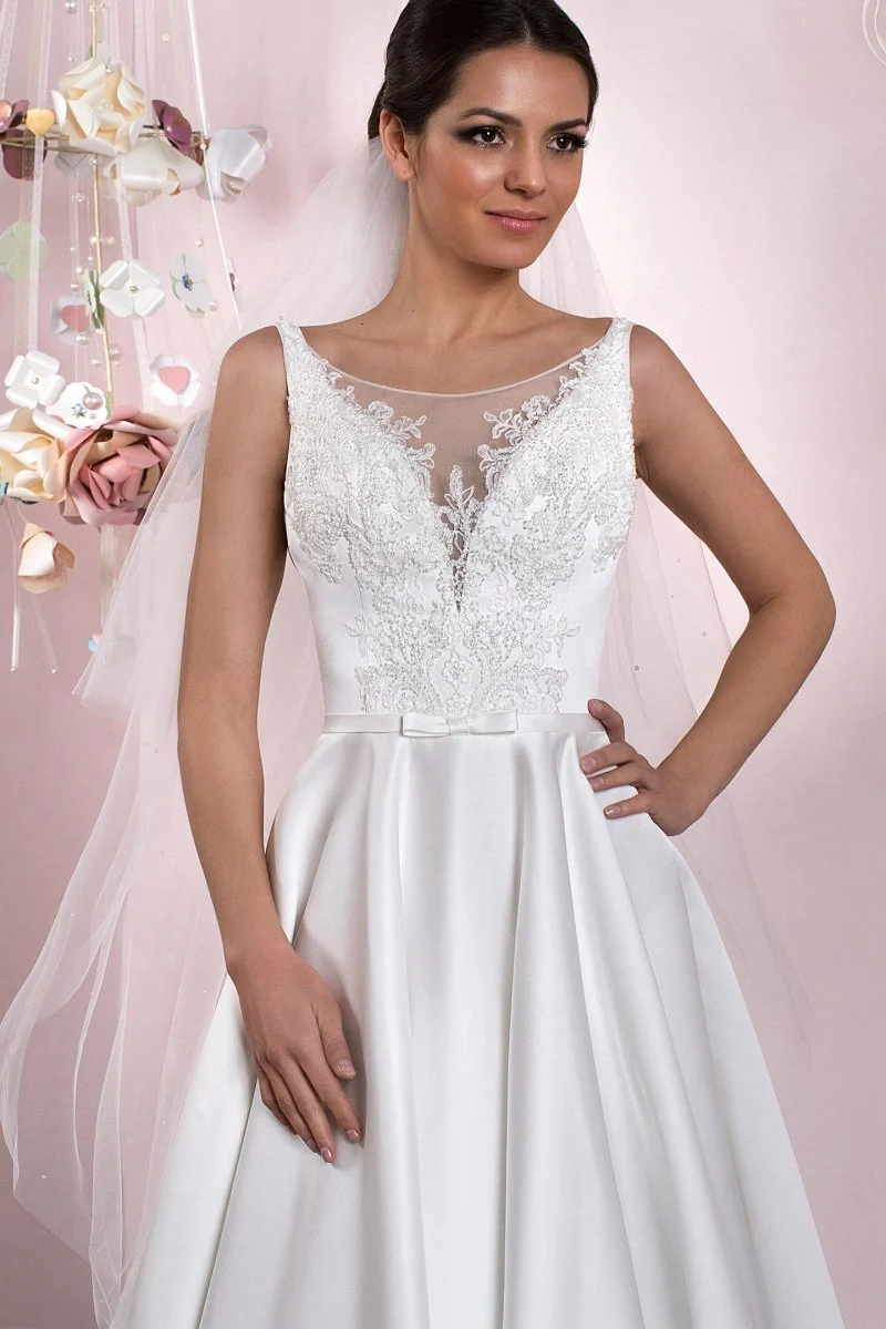 A-Line Illusion Neck Sleeveless Floor-Length Satin Wedding Dress With Pleats