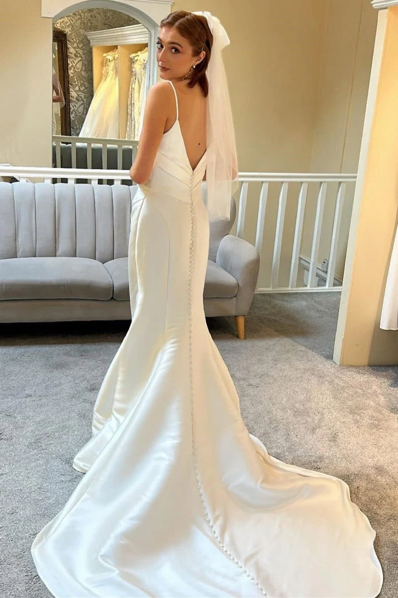 Ivory Spaghetti Strap Backless Mermaid Long Wedding Dress