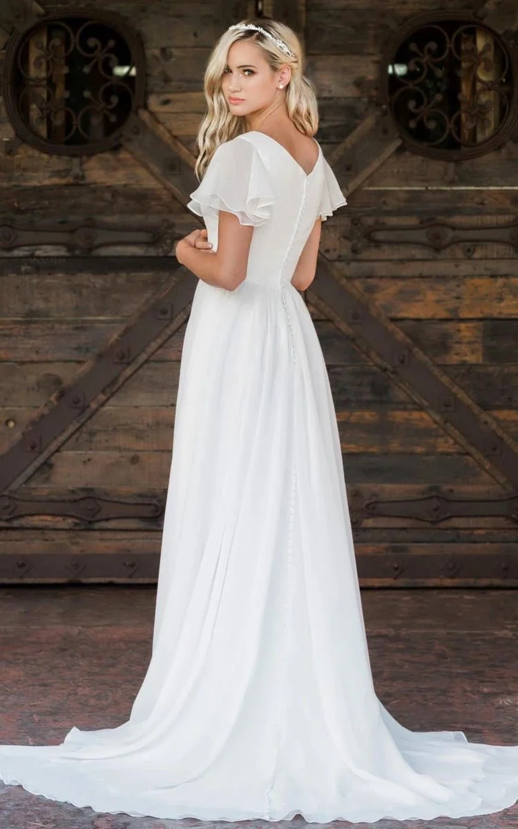 Liora | A Line V-neck Chiffon Floor-length Brush Train Short Sleeve Wedding Dress with Ruffles
