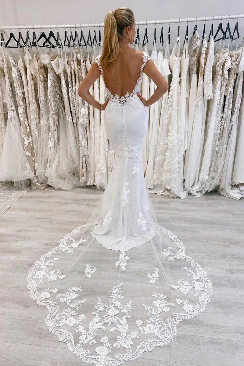 Kimber | White Mermaid Deep V-Neck Backless Long Wedding Dress with Lace