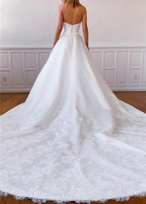 A-Line Strapless Satin Sweep Train Lace Appliques Wedding Dresses With Pockets