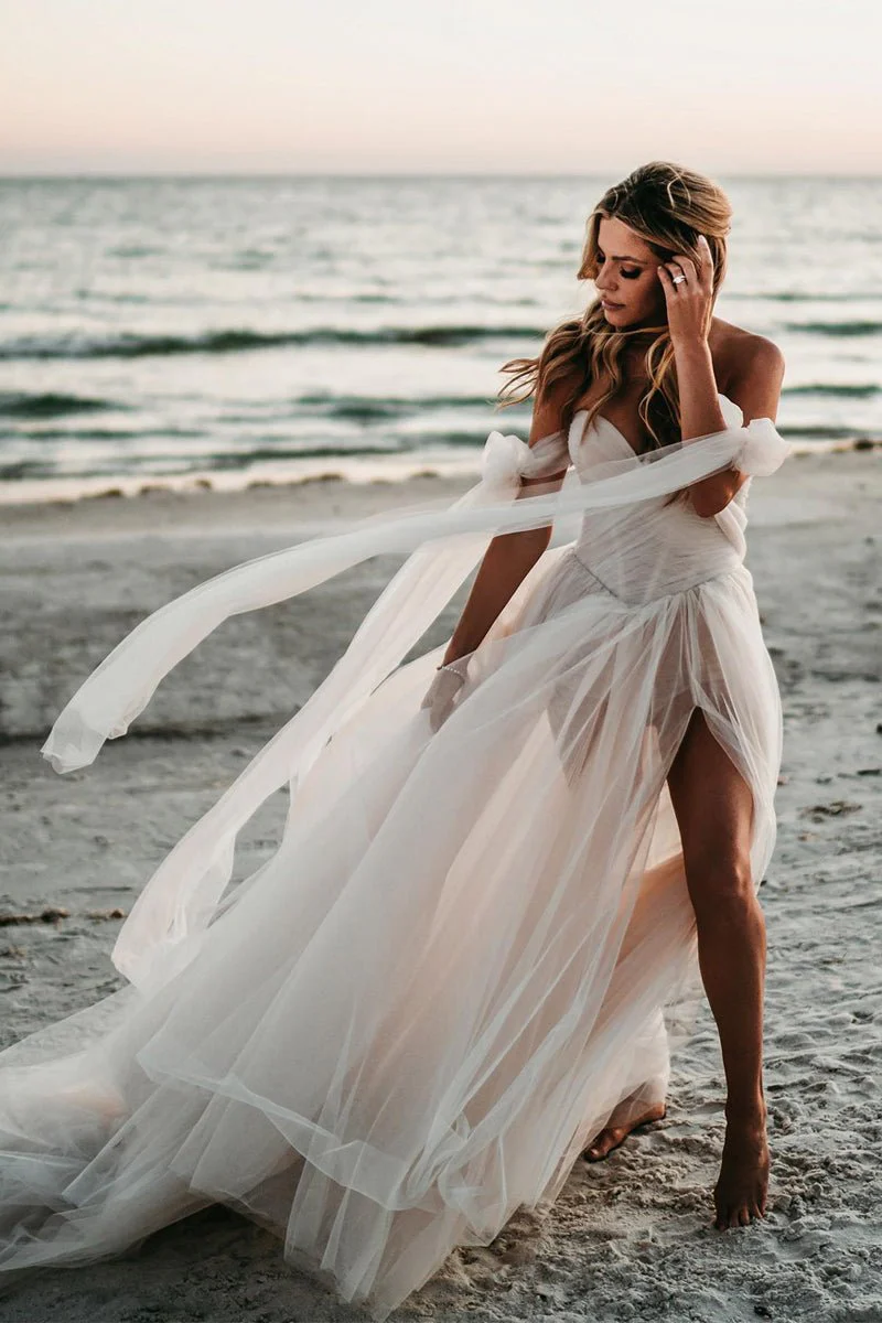 Fairy Off the Shoulder Tulle Wedding Dresses with Slit