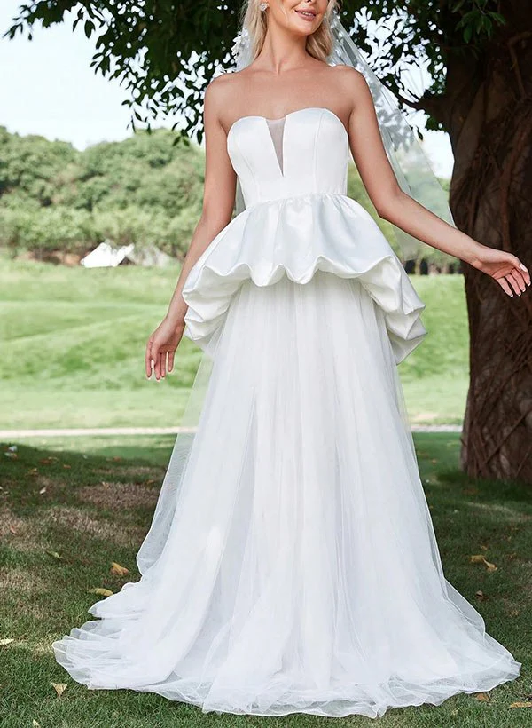 A-Line Strapless Sleeveless Sweep Train Satin Tulle Wedding Dresses With Cascading Ruffles