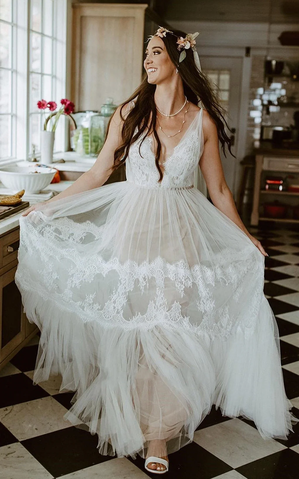 A-Line Lace Bohemian V-neck Wedding Dress With Low-V Back And Appliques