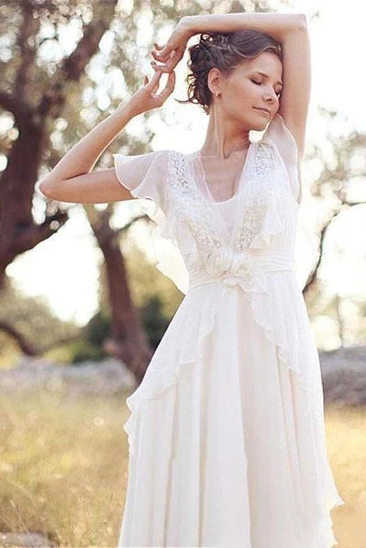 A-Line Sheer Cap Sleeve  Deep V Neck Backless Flower Beading Pleats Chiffon Wedding Dress