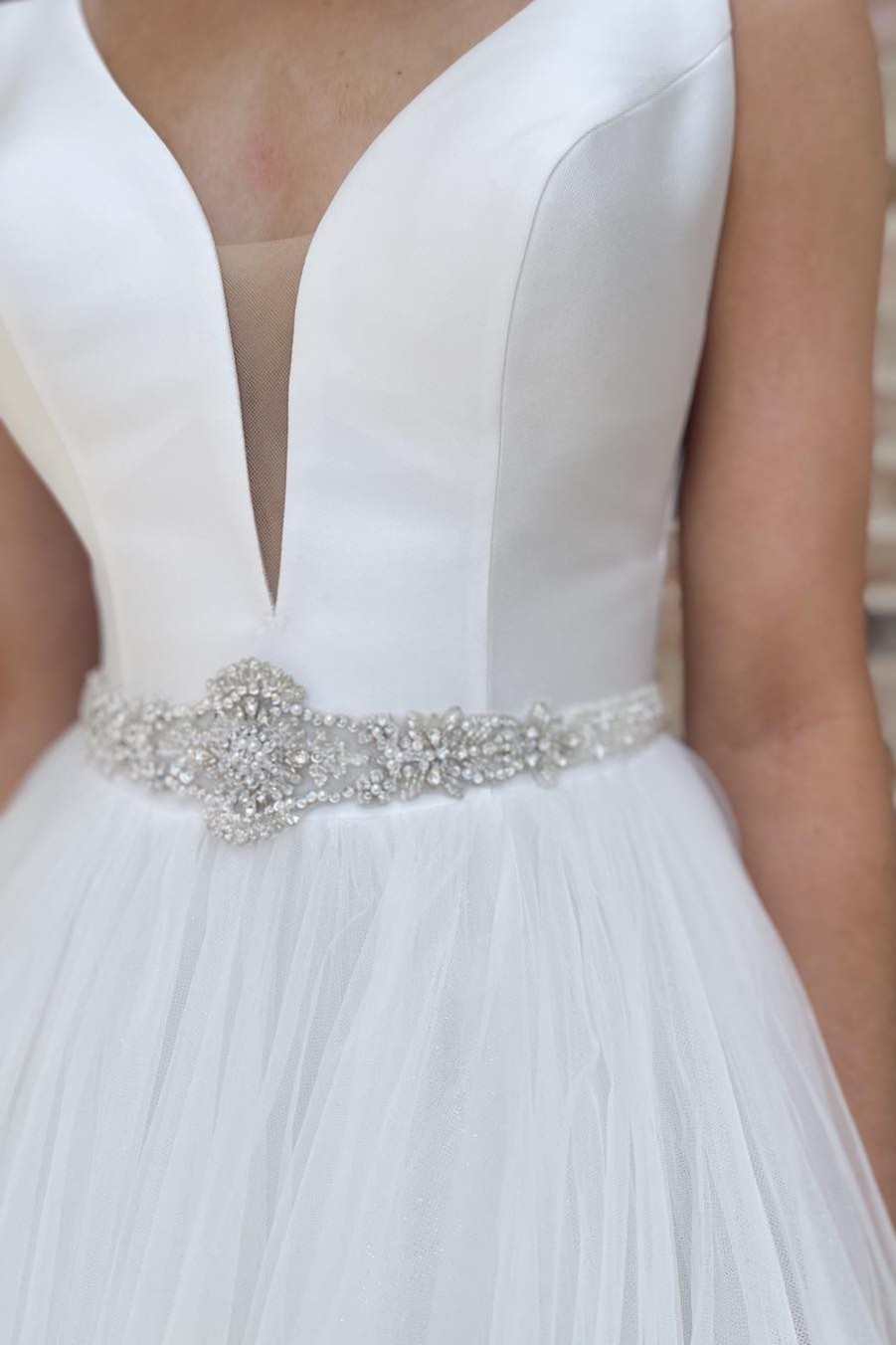 White V-Neck A-Line Long Wedding Dress with Sashes
