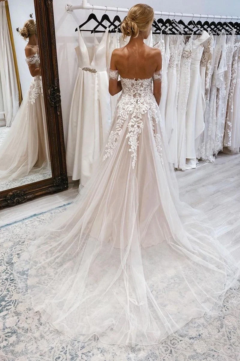Noor | A-Line Ivory Off the Shoulder Long Wedding Dress with Lace Appliques