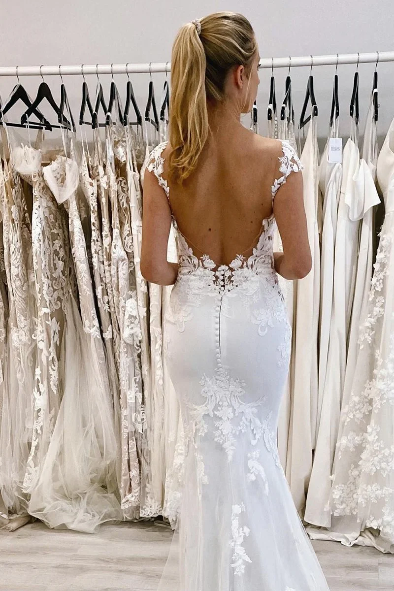 Kimber | White Mermaid Deep V-Neck Backless Long Wedding Dress with Lace