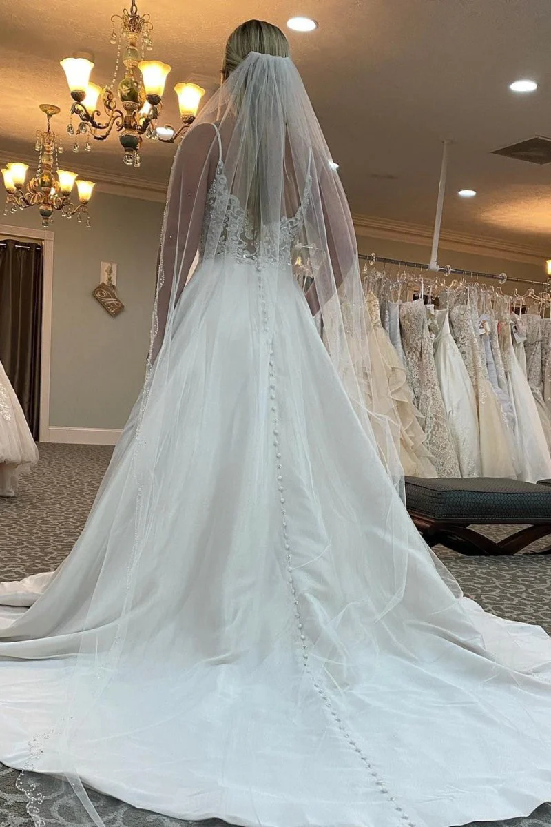 Adele | A-Line Spaghetti Straps White Long Wedding Dress with Beading