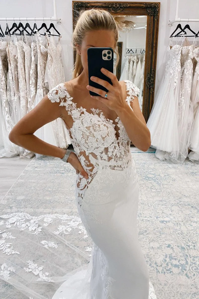 Kimber | White Mermaid Deep V-Neck Backless Long Wedding Dress with Lace