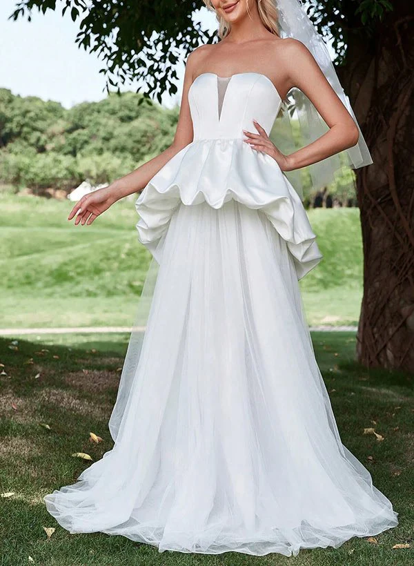 A-Line Strapless Sleeveless Sweep Train Satin Tulle Wedding Dresses With Cascading Ruffles