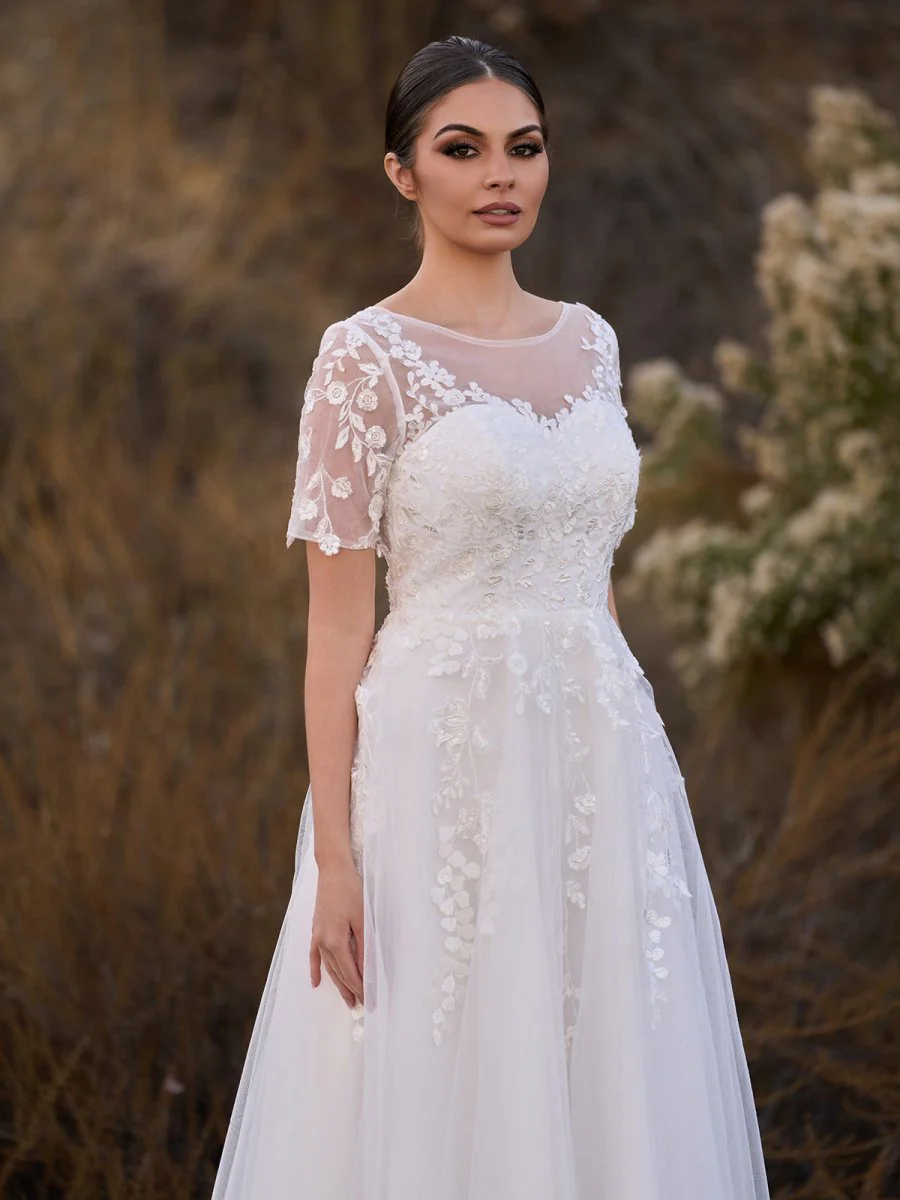 Jayline | Tea Length Sleeves Ethereal Modern A-Line V-Neck Button Back Wedding Dress