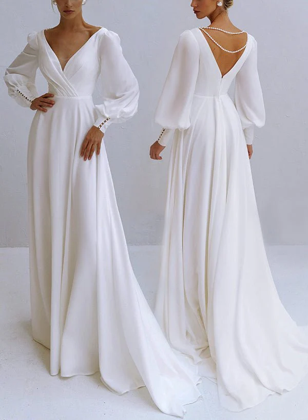 A-Line V-Neck Long Sleeves Chiffon Wedding Dresses With Beading