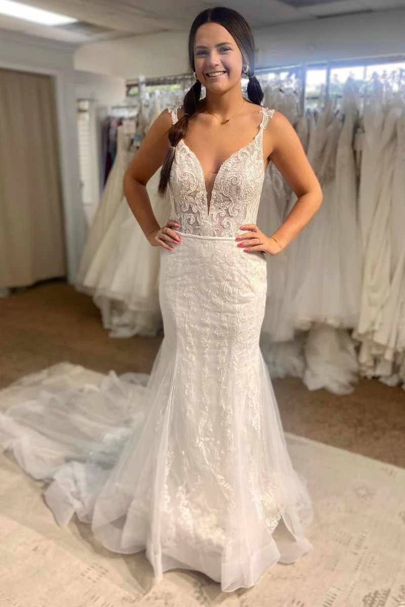 Berkley | Tulle Mermaid Spaghetti Straps White Long Wedding Dress with Appliques