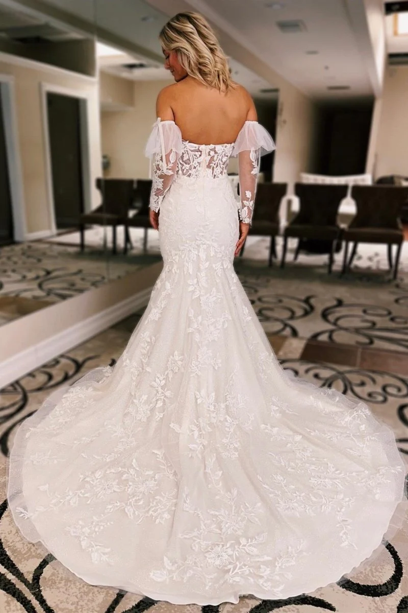 Baylor | White Floral Lace Sweetheart Mermaid Wedding Dress with Detachable Sleeves