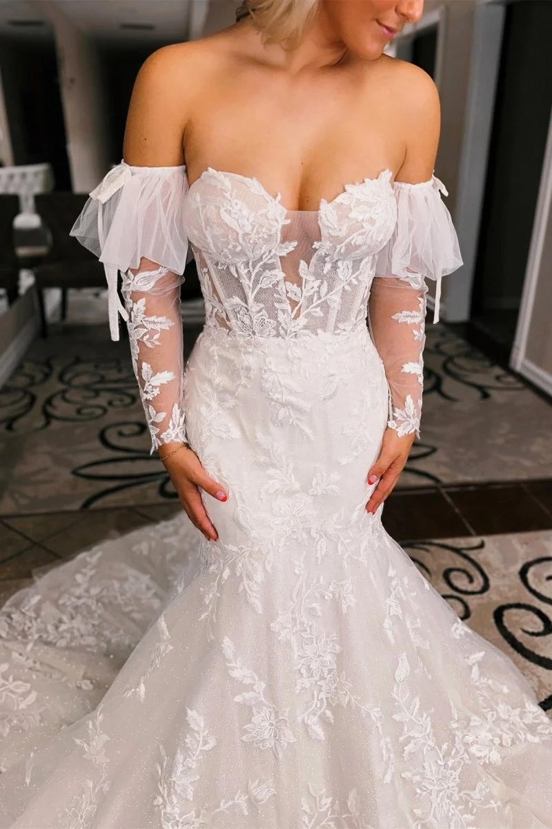 Baylor | White Floral Lace Sweetheart Mermaid Wedding Dress with Detachable Sleeves